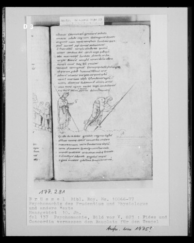 Ms 10066-77, Psychomachy of the Prudentius and Physiologus and other texts, fol. 137, Psychomachy, Picture before V. 823: Fides and Concordia measure the building plan for the temple