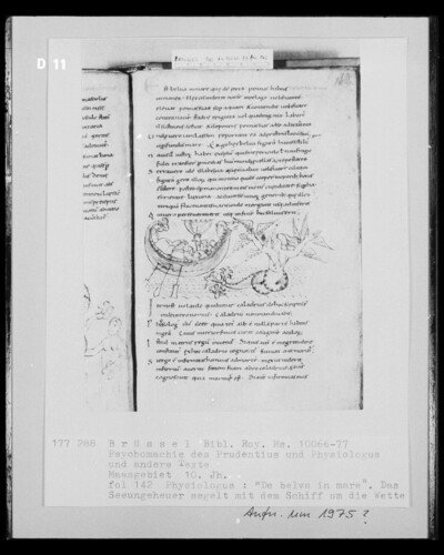 Ms 10066-77, Psychomachy of the Prudentius and Physiologus and other texts, fol. 142, Physiologos: De belva in mare; the sea monster sailing by ship around the bet