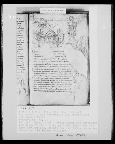 Ms 10066-77, Psychomachy of the Prudentius and Physiologus and other texts, fol. 143, Physiologos: De caladrio, continued; the bird gives the sign of healing; Christ, Moses and the Eherne serpent