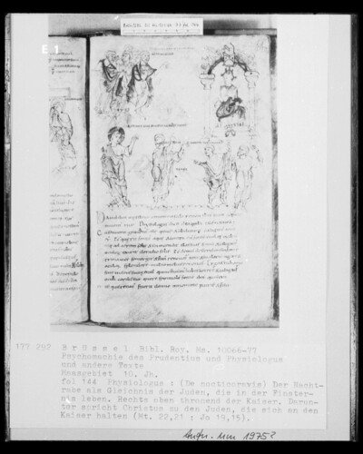 Ms 11166-77, Psychomachy of the Prudentius and Physiologus and other texts, fol. 143v, Physiologos: De pellicaro; Young Pelican’s fight with his father, raising the boys with his own blood; Crucifixion group