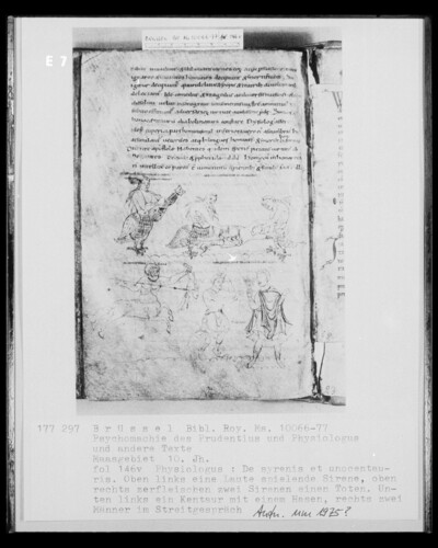 Ms 10066-77, Psychomachy of the Prudentius and Physiologus and other texts, fol. 146v, Physiologos: De syrenis et unocentauris