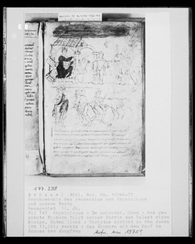 Ms 10066-77, Psychomachy of the Prudentius and Physiologus and other texts, fol. 147, Physiologos: De unicorni; the unicorn and the virgin