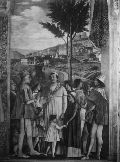 Painting of the Camera degli Sposi: Margrave Lodovico III Gonzaga meets his cardinal appointed son Francesco in front of the city vedute of Rome