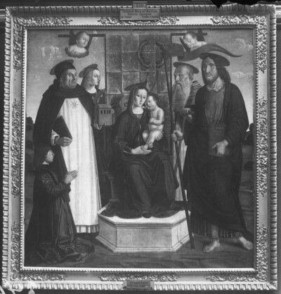 Throne Mary with the Child, Saint Thomas Aquinas, Catherine of Alexandria, the Apostle Thomas, Antonius Eremita and the Donor Conte Matarozzi