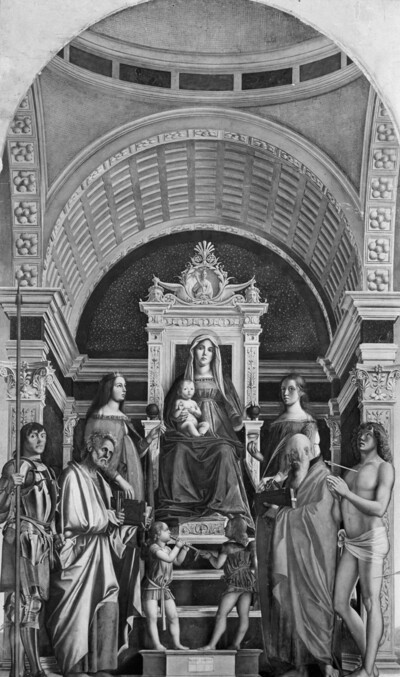 Thronende Maria mit dem Kind und sechs Heiligen