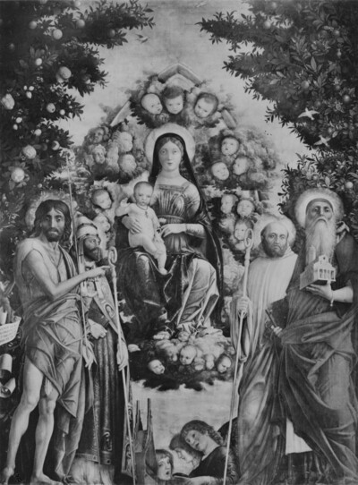 Mary with a child surrounded by angels, with John the Baptist, Jerome, Gregory the Great and Benedict, so-called Trivulzio-Madonna