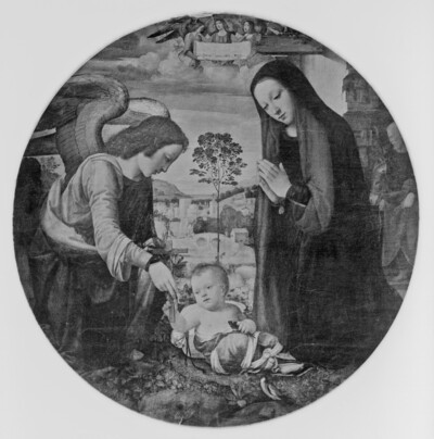 Adoration of the child by Mary and an angel