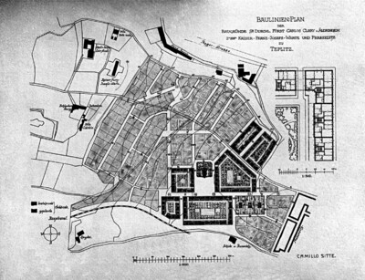 Baurichtlinien-Plan der Baugründe von Fürst Carlos Clary von Alderdingen mit Franz-Josefs-Warte und Ortsteil Prasseditz von Teplitz-Schönau