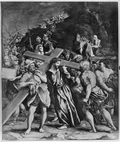 Simon and Kyrene helping Christ carry the cross