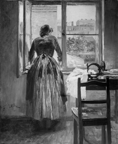 At the window (seamstress looking out of a window)