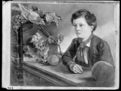 Boy portrait with fruit and doves