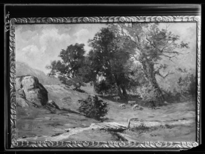 Landschaft mit Bäumen und Schafen