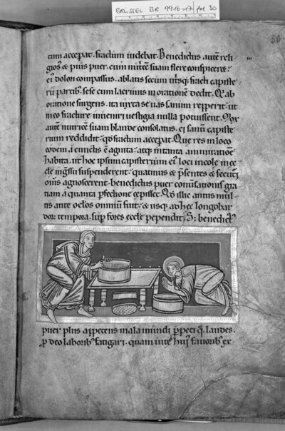 Ms 9916-17, Gregorius Magnus, Dialogi, fol. 30: Saint Benedict repairs the sieve of his Amme by miracle