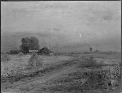 Baltische Landschaft mit Ziehbrunnen vor einer Bauernkate und einer Windmühle am Horizont rechts