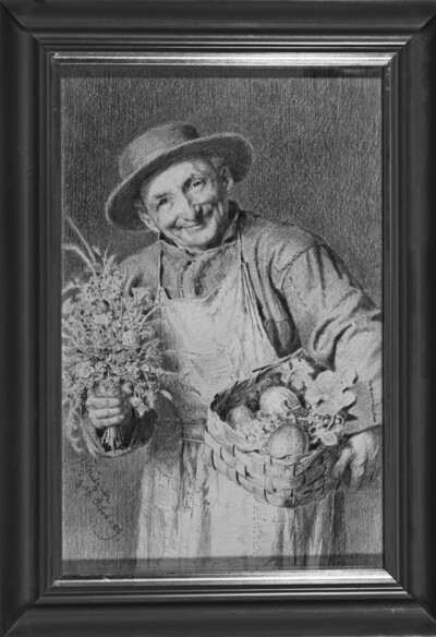 Brother Gardener as a Gratulant with multicolored flower bouquet and fruit in the Spankorb