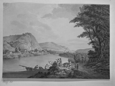 River landscape with boats and fishermen on the shore