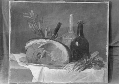 Still life with ham, bottles and radishes