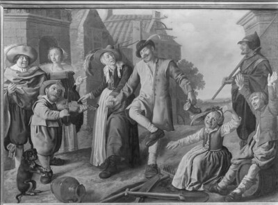Dancing peasant couple on the village street