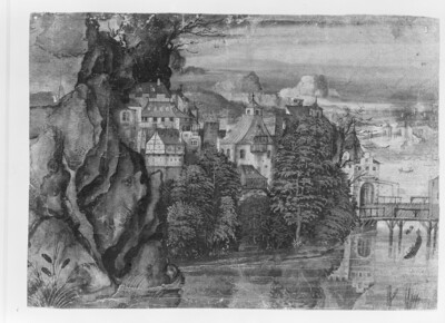 River landscape with city and drawbridge