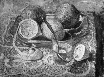 Still life with water glass, lemons and cider sins