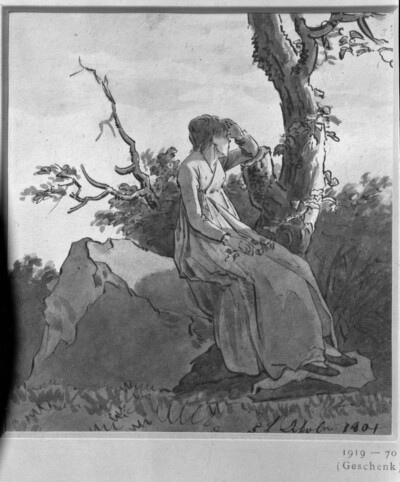 Study of a sitting woman in front of bushes