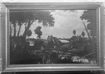 River landscape with two homesteads