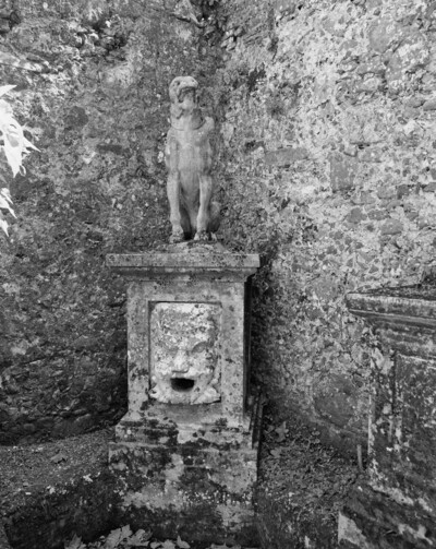Well with dog sculpture