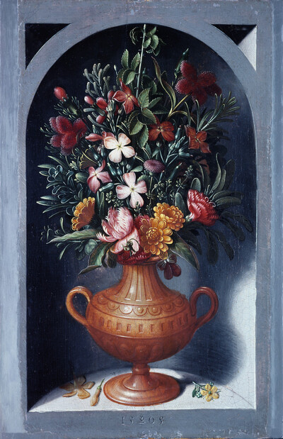 Blumenvase mit Levkojen, Ringelblumen und Nelke