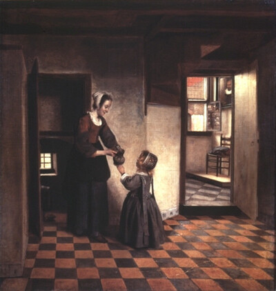 Young woman at the cellar door with child