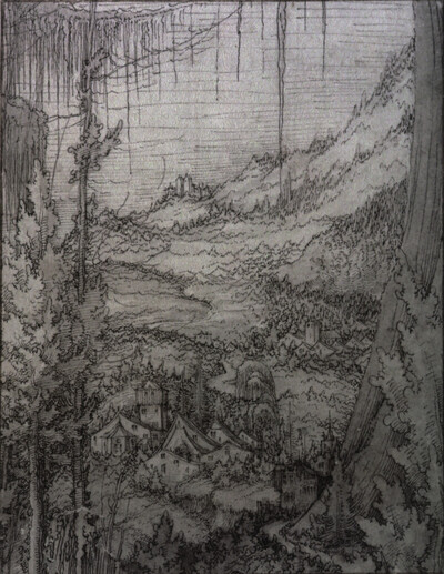 View down into a valley landscape