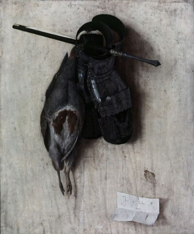 Still life with partridge, iron gloves and crossbow bolts