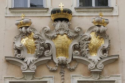 The coat of arms of Upper and Lower Austria with the coats of arms of Bohemia, Moravia and Silesia