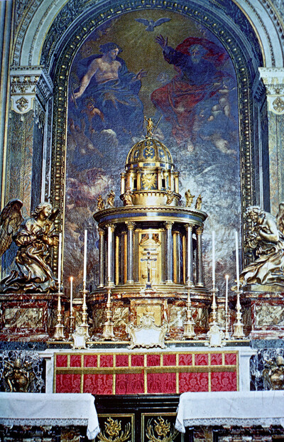 Altar with ziborium and worshiping angels