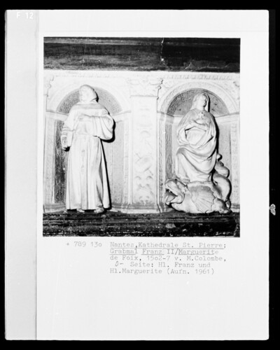 Headstone of Duke Francis II and his wife Margaret of Foix: The two patron saints of the deceased: Saint Margaret and Saint Francis of Assisi