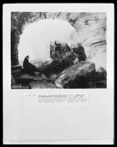 Monk in a rock grotto by the sea, in the background palace of Queen Johanna of Aragon