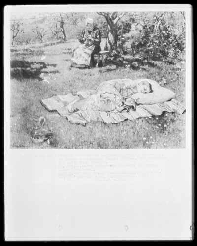 Young girl sleeping in the garden, guarded by a knitting old woman