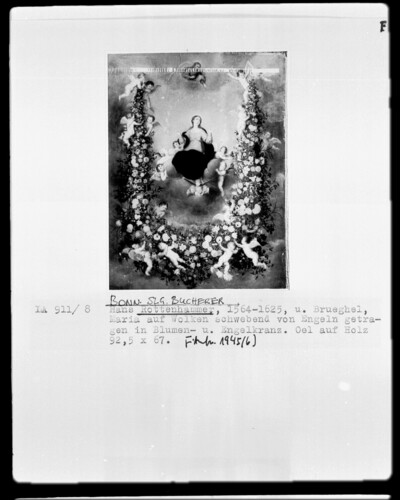 Mary floating on clouds of angels carried in flowers and angel dance