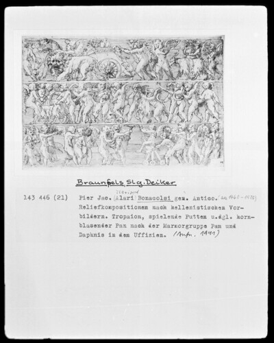 Relief compositions. Tropaion, playing puttes and horn-blowing Pan after the marble group Pan and Daphnis in the Uffizi, Folio recto