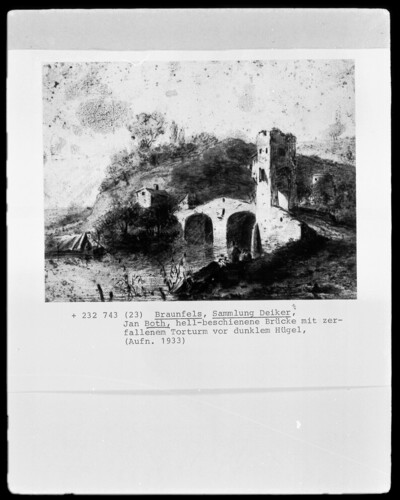 Bridled bridge with crumbled gate tower in front of a dark hill, Folio recto
