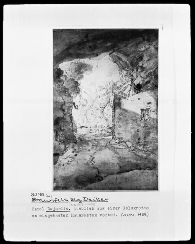 View from a rock grotto past built-in remnants of the house, Folio recto