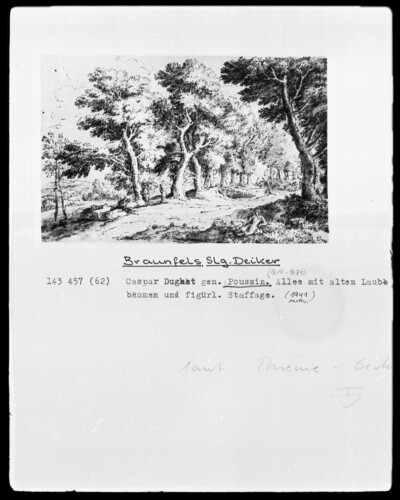 Ave with old deciduous trees and figurative easel