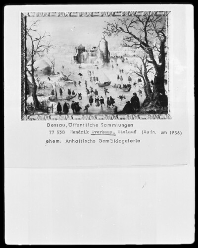 Winter landscape with ice skaters and sledge drivers
