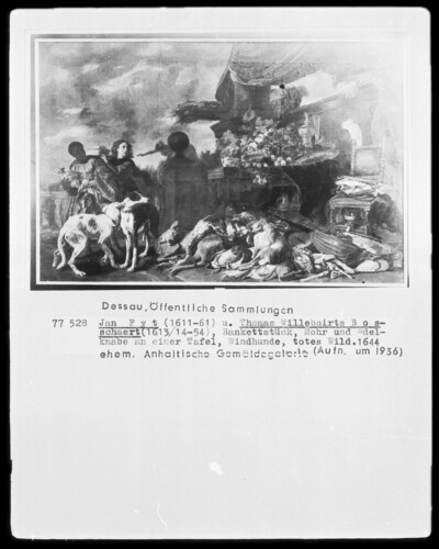 Banquet piece. Mohr and Edelknabe on a board, greyhounds, dead game
