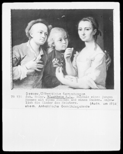 Portrait of a young man with a girl and a boy. Supposedly the children of the master