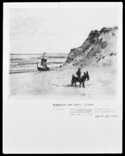 Donkey rider and sailboat on the dune beach
