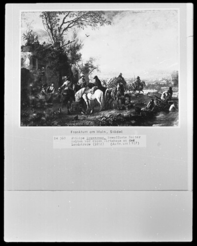 Armed riders in front of a tavern