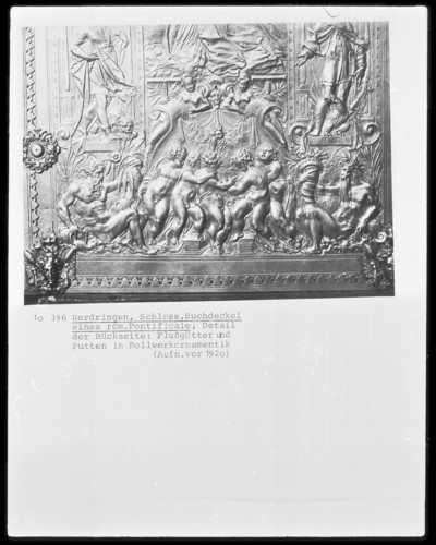 Detail of the back of a book cover of a Roman Pontificale: river gods and putti