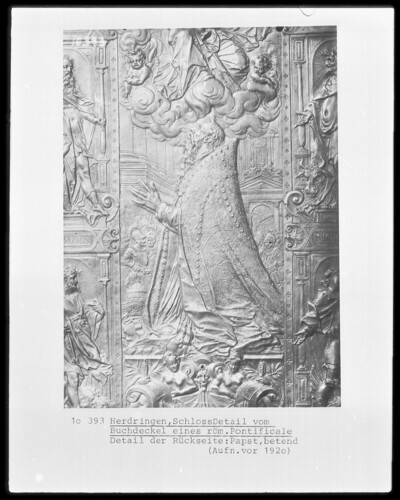 Detail of the back of a book cover of a Roman Pontificale: Praying Pope