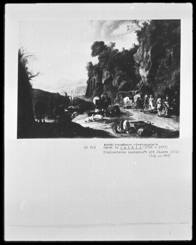 Italian landscape with hunters, compatriots and flock
