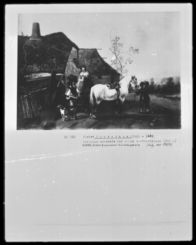 Travelers in front of a village farm